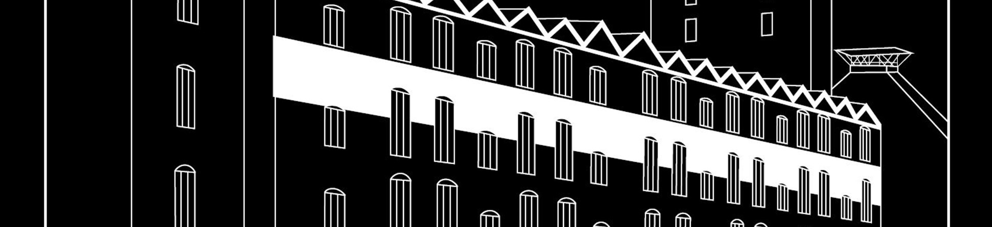 White on black illustration of Shrewsbury Flaxmill Maltings