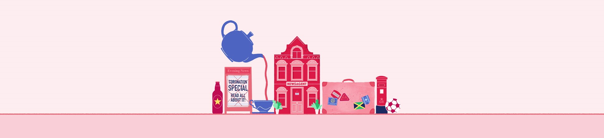 Illustration of a drinks bottle, a billboard, a cup of tea, a building, a suitcase, a postbox, a football