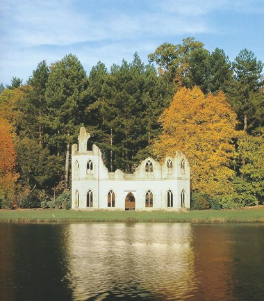 Ruined abbey across the lake at Painshill