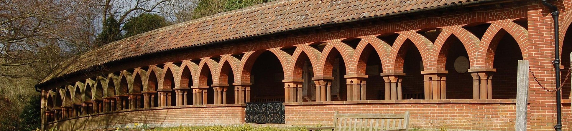 The Watts Memorial Cloister, Compton, Surrey designed and built in 1911 by Mary Seton Watts in Italianate style. Listed Grade II.