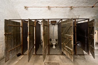 A row of six toilet stalls with wooden plank doors open. The stalls are basic – constructed of a simple timber frame. They are separated by timber partitions, each of which has a semi-circular aperture cut into its base.  Above the stalls, three bare, electric bulbs are mounted on the curving brickwork forming the tunnels in which these historic toilets are housed.