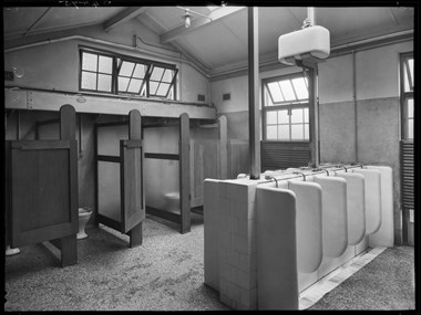 The interior of the school toilets with a double row of urinals in the centre of the room. Against the far wall are a row of five stalls. The room is open to the roof.