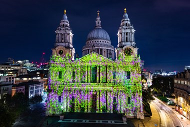 Projected photo makes the West elevation of St Paul's appear to be overgrown with green and purple climbing plant.