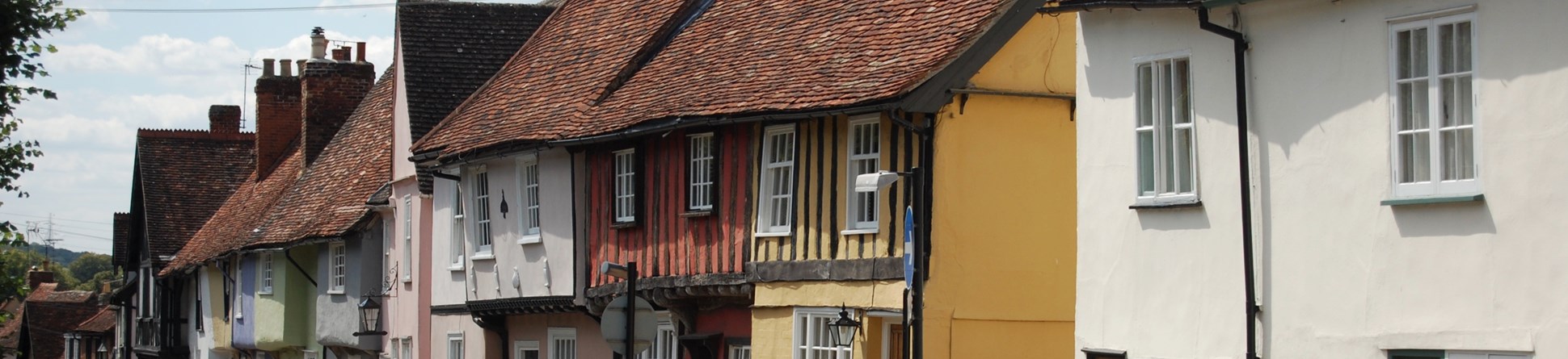 View of street with historic houses, Saffron Walden, Essex.