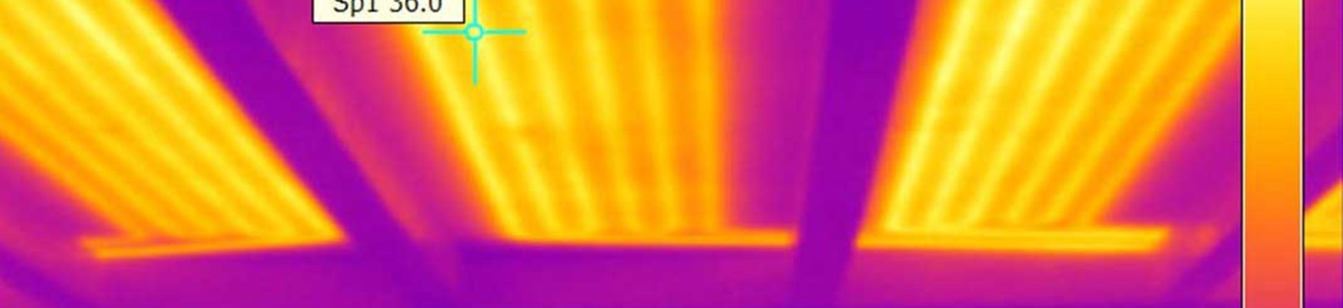 A thermal image of part of the ceiling at Eltham Palace, different colours are used to show varying areas of heat.