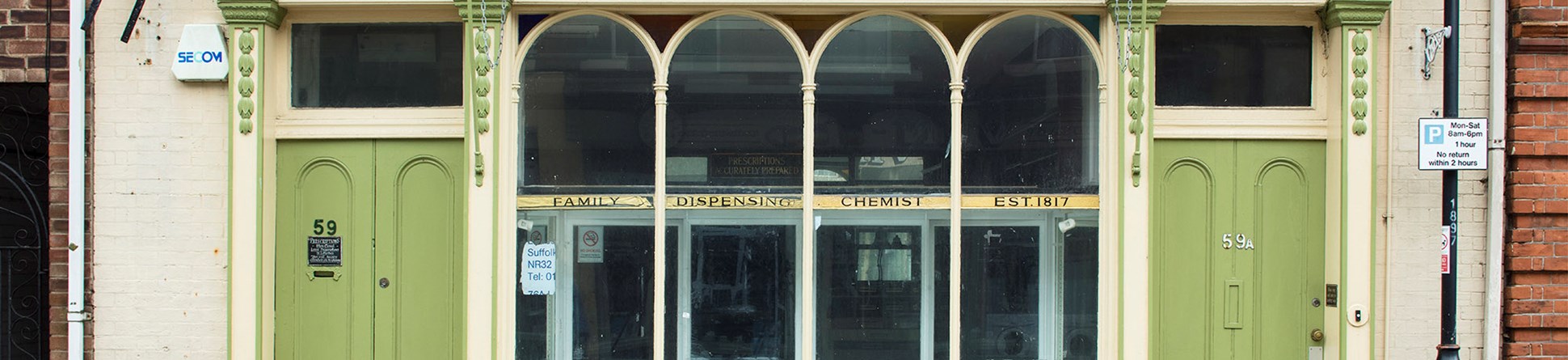 Front of former Chemist Shop, showing empty windows