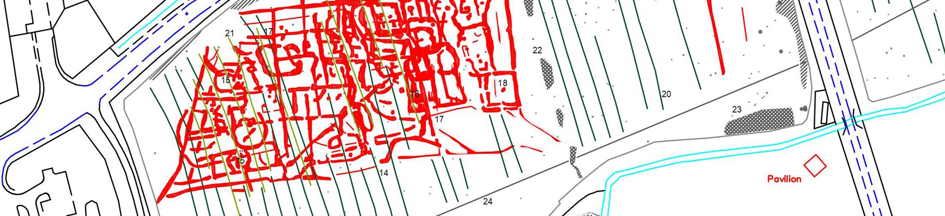 A digitally created map showing the archaeological features of Pamington, Gloucestershire