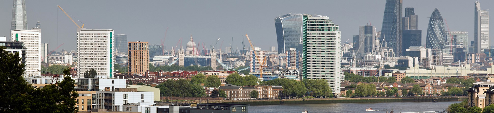 Panoramic view towards the City of London with high rise buildings