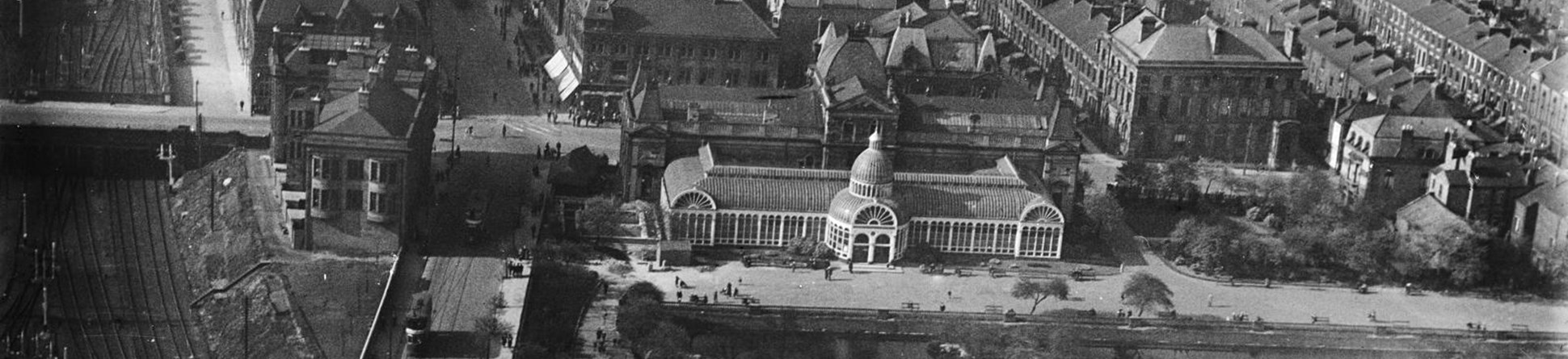 Old black and white photo showing an aerial view of the Winter Gardens.