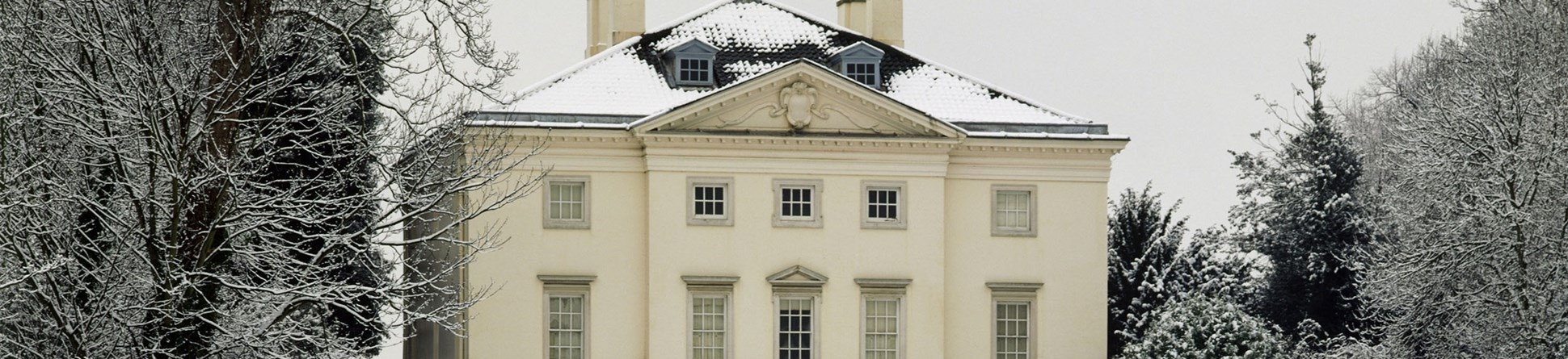 Image of the exterior of Marble Hill House, Richmond, in the snow.