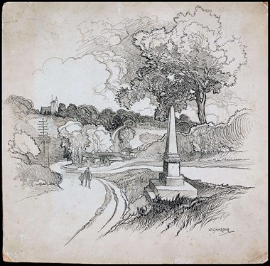Late-19th or early-20th century pencil drawing of a rural scene. To right, an obelisk on a stepped plinth raised on a bank. To left a path winds up a hill. A man and a boy in the distance, walking uphill towards the memorial.
