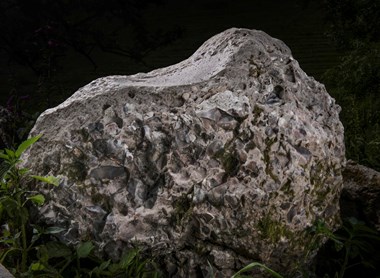 A photograph of a stone boulder with a distinctive dished profile.