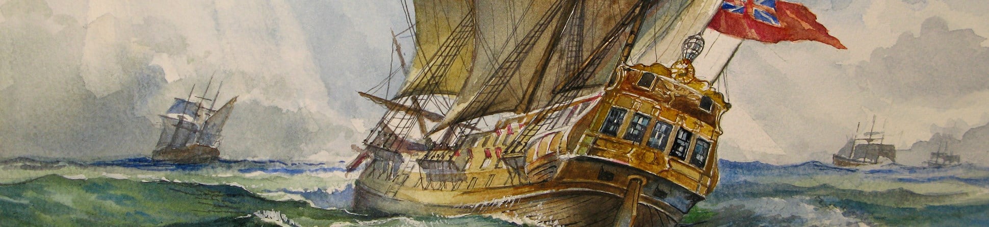 A painting of a warship under sail with three other vessels in the background.