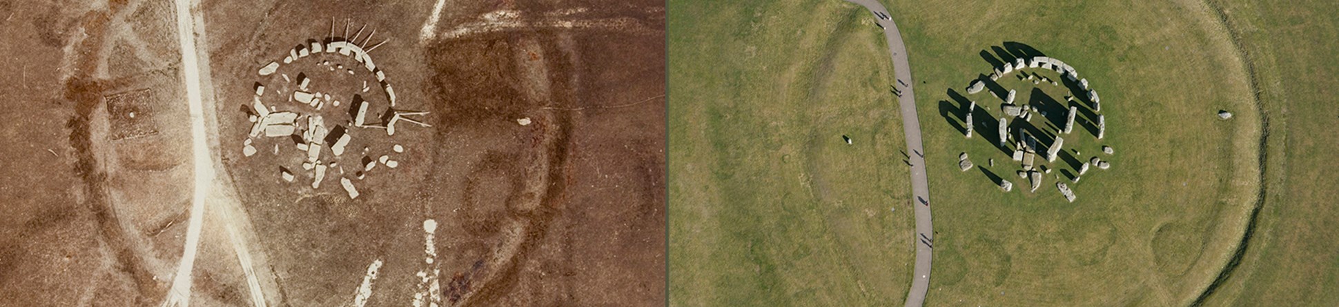 Two aerial images of Stonehenge taken in 1906 and 2006.
