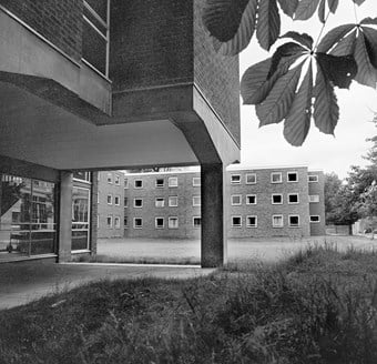 The ground floor has an open section where the building has been raised on stilts. This is a key feature of Modernist architecture, and allows full use of the ground.