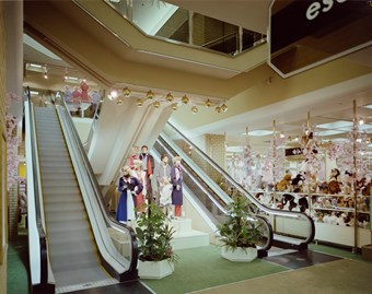 Colour photograph showing the interior of the D H Evans store at Wood Green Shopping City. Between the two escalators there are a group of mannequins and two large plants.