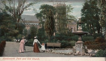 Victorian postcard of Handsworth Park showing two women and a small child walking along a track.