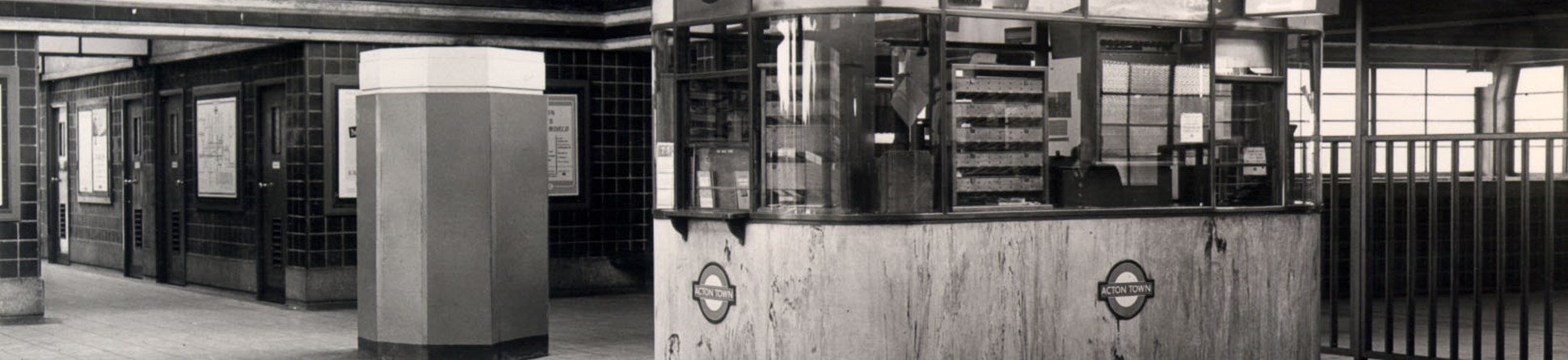 Black and white photo of Acton Town Underground Station ticket booth