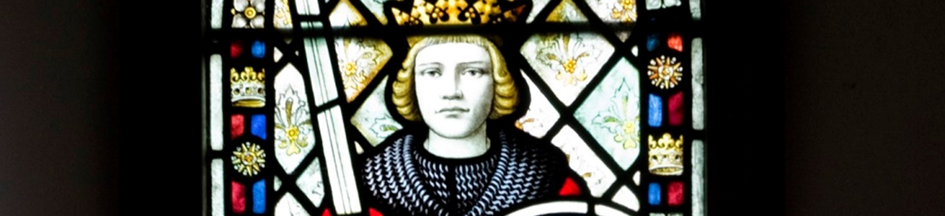 Detail view of the stained glass window showing King Ethelbert in St Mary's Church, Herne Bay, Kent