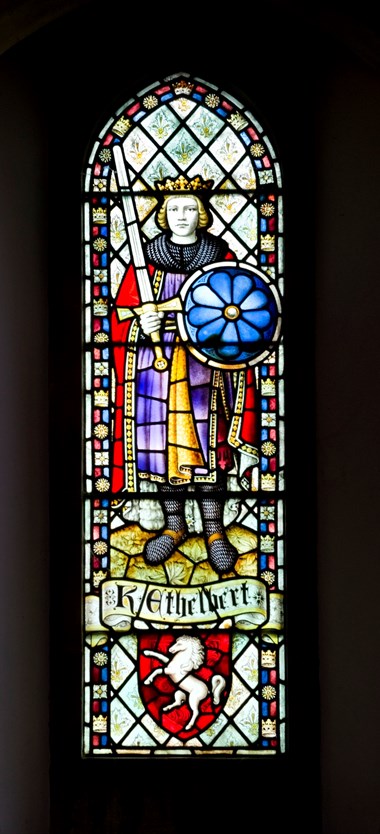 A wonderful detailed view of the stained glass window showing King Ethelbert in St Mary's Church, Herne Bay, Kent