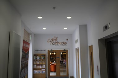 Image of the entrance to Cafe Northcote showing the new lifts and external doors.