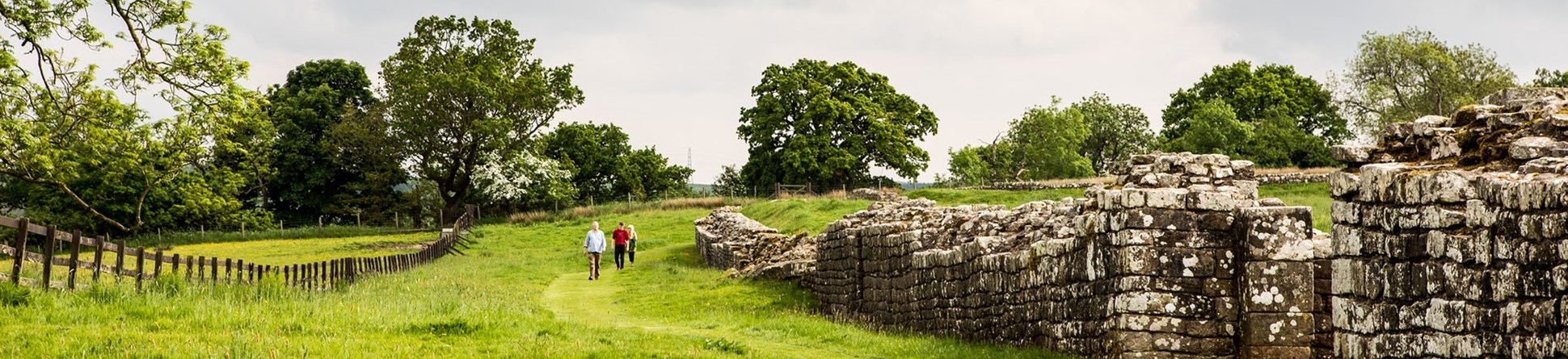 People walking on grass alongside a long stone wall