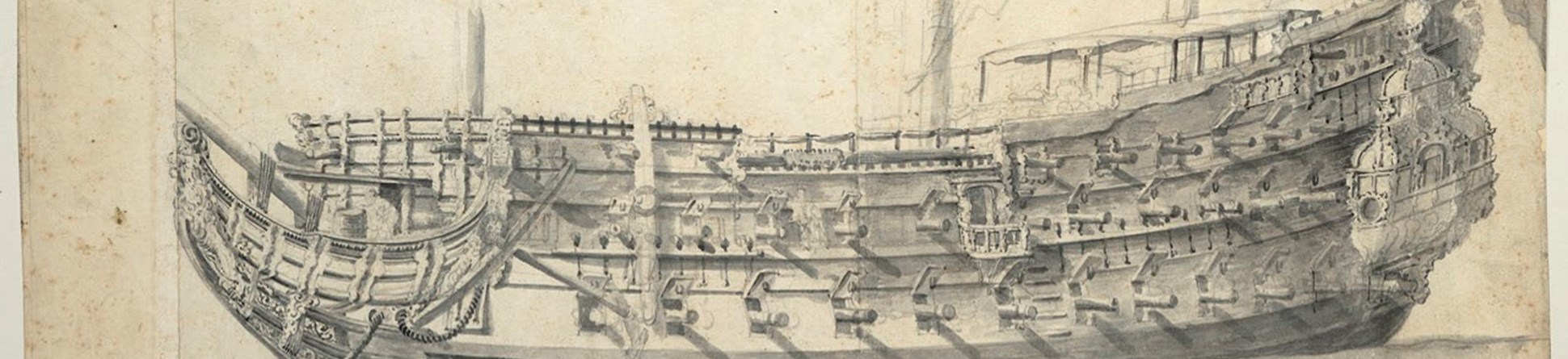 Pencil and wash illustration of a warship viewed from the side, with a flag flying from the stern at right. Only the lower portions of its masts are visible. At top left is a separate drawing of a Union Jack.