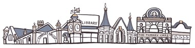 Illustrated skyline of South Norwood architecture including Stanley Arts and the library.