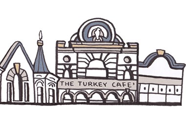 Illustration of skyline on Granby Street including the Turkey Cafe in the centre.