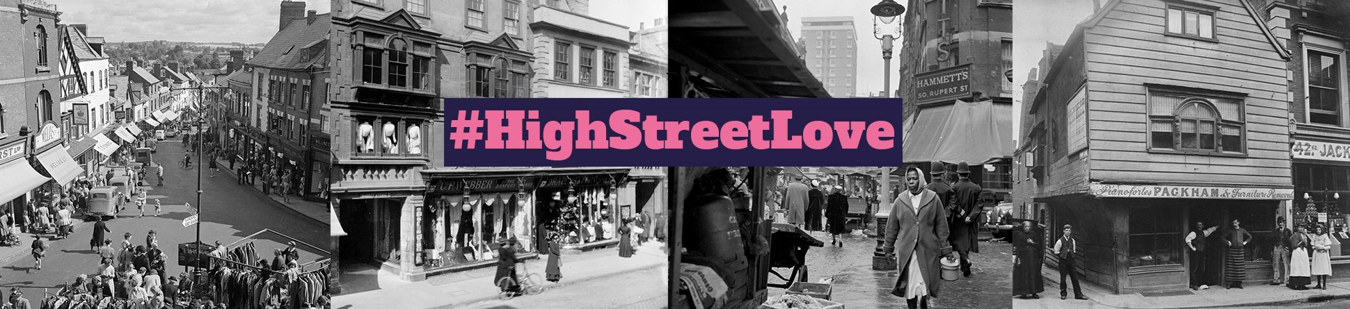 HighStreetLove hashtag with black and white photos of high street shops