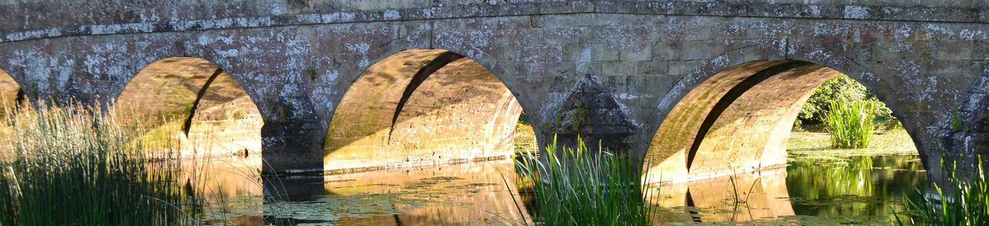 A historic stone bridge reflected in a river.