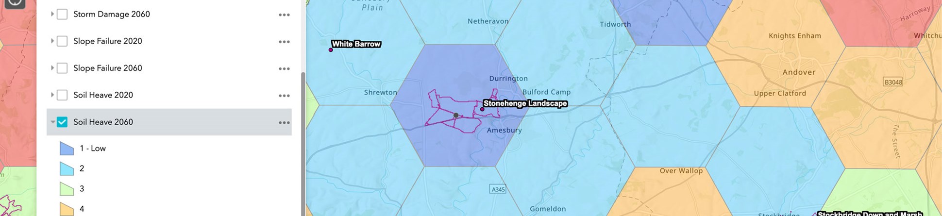 A screenshot of a climate hazard mapping tool showing risks attributed to West Amesbury, Wiltshire, against a background of hexagons. An insert shows the position of area mapped  on a map of southern England.