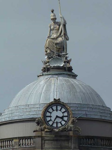 Dome of Liverpool Town Hall surmounted by Coade-stone seated figure.