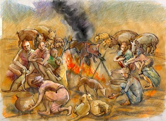 Reconstruction art showing a group of people and livestock around a fire.