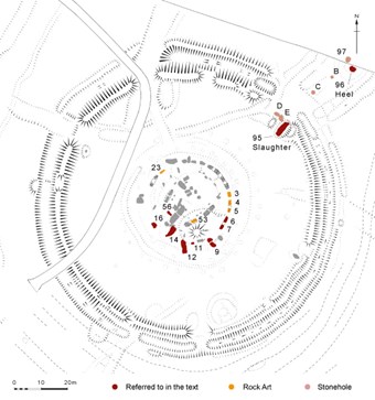 An example of archaeological illustration depicting a plan of Stonehenge circle
