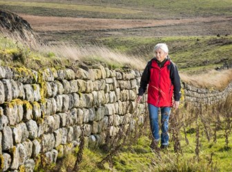 A woman in a red jacket walks beside Hadrian's Wall. 
