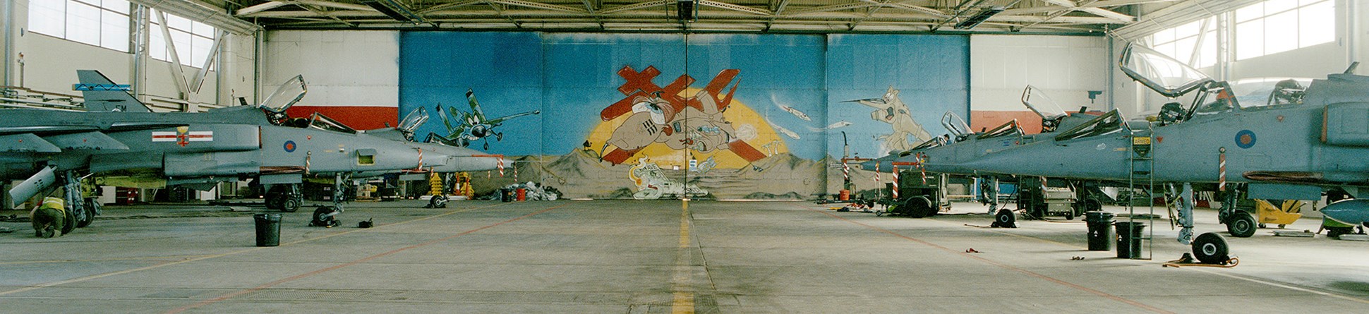 RAF Coltishall, Norfolk, Hangar 1 with a large picture of a double armed Cross of Lorraine taken from 41 Squadron’s badge painted on the hangar’s doors.