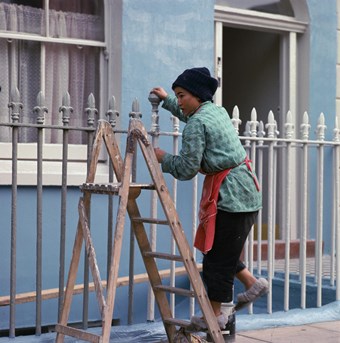Woman on a stepladder painting railings.