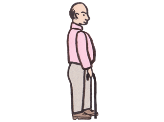 Cartoon illustration of a man standing with a stick, viewed from his right side.