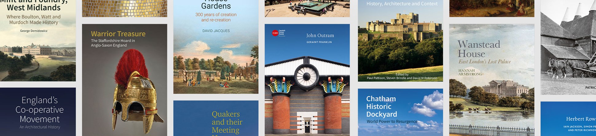 A composite image showing a range of book covers featuring different historic buildings or artefacts.