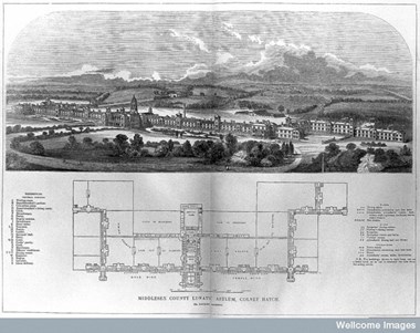 Middlesex County Lunatic Asylum, Colney Hatch, Southgate, Middlesex. A bird's eye view with detailed floor plan and key. Wood engraving by Laing after Daukes.