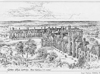 A drawing of Girton College by the architectural artist, T.Raffles Davison,1887