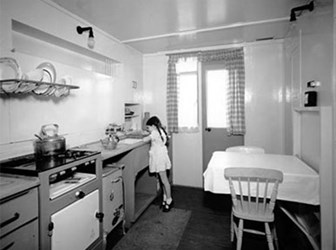 Kitchen in the home of Mrs Tinsley, Uni-Seco temporary house, 29 Lyham Road, London, 1945