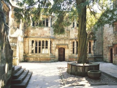 The Conduit Court in Skipton Castle featuring a Yew tree in the centre that was planted in 1659 by Lady Anne Clifford.
