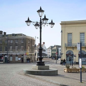 The Five Lamps and the repaved Market Place