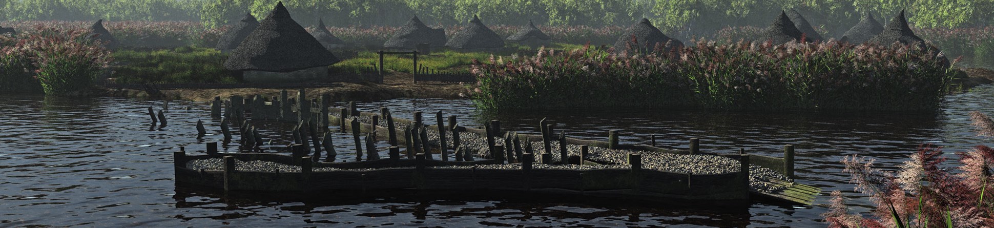 Reconstruction of a prehistoric lake village with roundhouses and woodland in the background; in the foreground is a timber jetty structure.