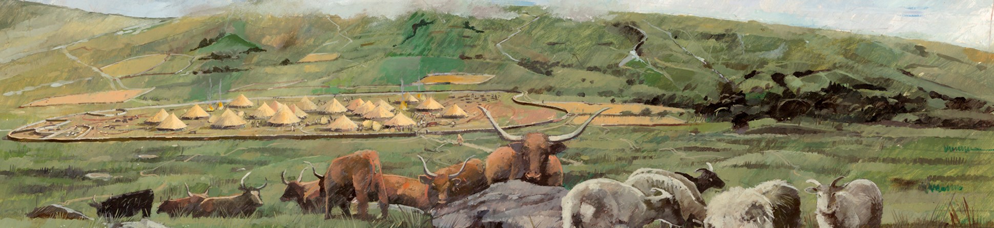 Painted reconstruction of the prehistoric settlement at Grimspound, Dartmoor.