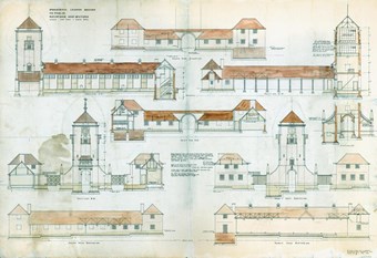 Hand-tinted and labelled sheet of measured architectural drawings