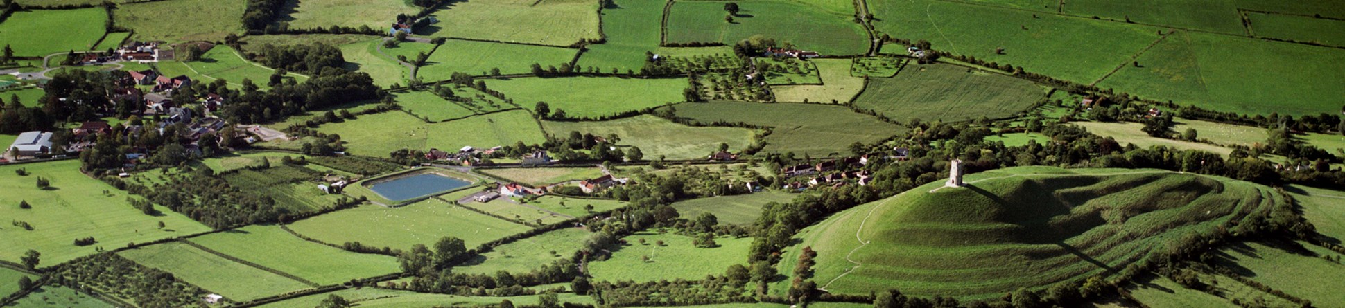 Colour aerial photograph of Glastonbury Tor 2009