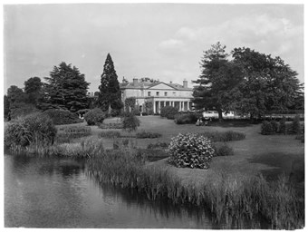 archive black and white photograph of house, river, garden and parkland